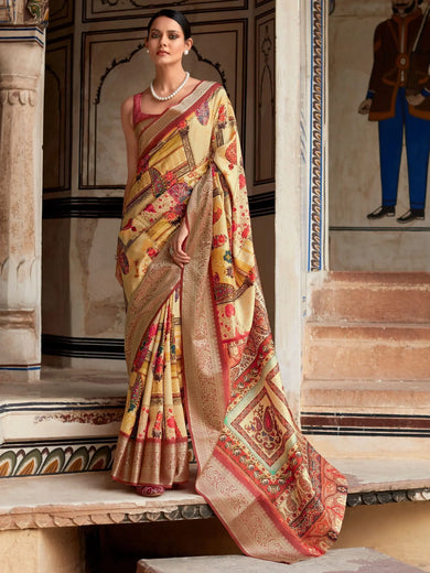 Attractive Yellow Digital Printed Silk Function Wear Saree With Blouse